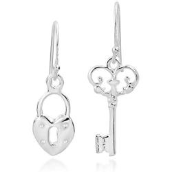 Key to My Loving Heart Lock .925 Sterling Silver Dangle Earrings