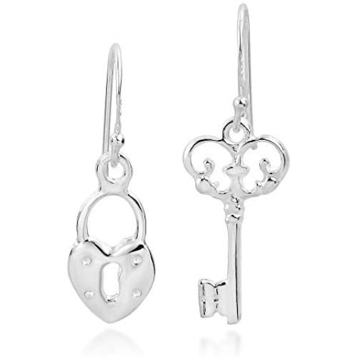 Key to My Loving Heart Lock .925 Sterling Silver Dangle Earrings