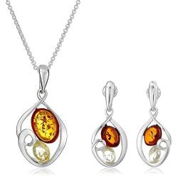 Sterling Silver Multi-Color Amber Oval Dangle Earrings and Chain Pendant Necklace Jewelry Set 18 Inches