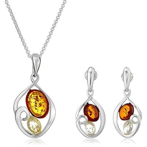 Sterling Silver Multi-Color Amber Oval Dangle Earrings and Chain Pendant Necklace Jewelry Set 18 Inches