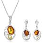 Sterling Silver Multi-Color Amber Oval Dangle Earrings and Chain Pendant Necklace Jewelry Set 18 Inches