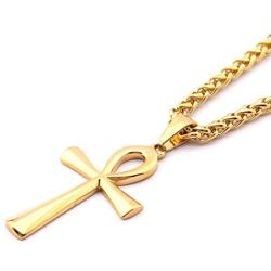 GUNGNEER Goldtone Mens Stainless Steel Religious Ankh Cross Pendant Necklace Key of Eternal Life Protection Jewelry