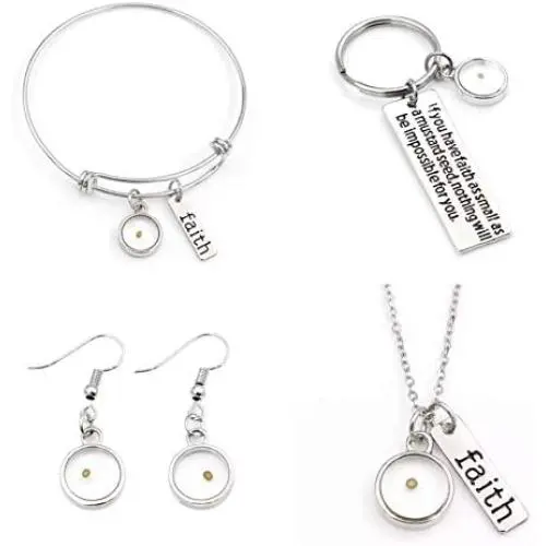Stainless Steel Faith Women Bracelets - Necklace - Earring - Bible Keyring set Set of 4 Mustard Seed Charm Gifts