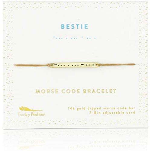 Lucky Feather Morse Code Bracelets for Women and Girls - 14K Gold Dipped Bar with Secret Message Engraved on Adjustable 7'' - 8'' Cord - Friendship Bracelet Gift for Her