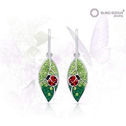 BLING BIJOUX Colorful Leaf with Lady Bug Lucky Crystal Dangle Earrings for Women & Girls, Never Rust 925 Sterling Silver with Free Breathtaking Gift Box for a Special Moment of Love