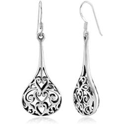 925 Sterling Silver Bali Inspired Open Filigree Puffed Teardrop 1.8 inch Dangle Hook Earrings