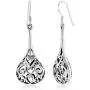 925 Sterling Silver Bali Inspired Open Filigree Puffed Teardrop 1.8 inch Dangle Hook Earrings