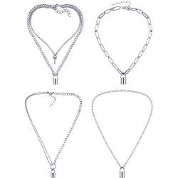 Zhanmai 4 Pieces Valentines Day Fashion Lock Pendant Necklace Punk Chain Choker Long Multilayer Chain Jewelry