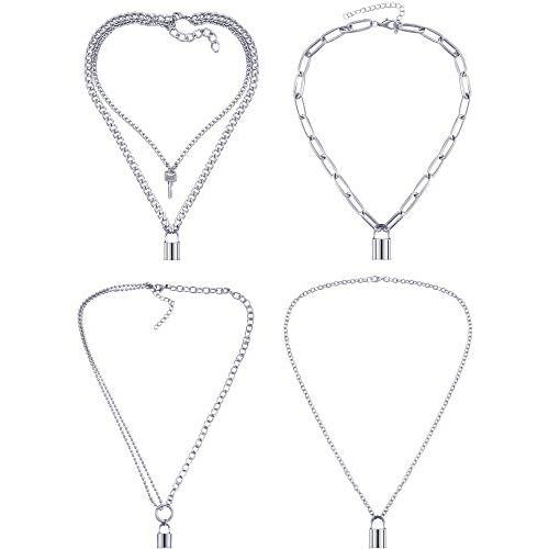 Zhanmai 4 Pieces Valentines Day Fashion Lock Pendant Necklace Punk Chain Choker Long Multilayer Chain Jewelry