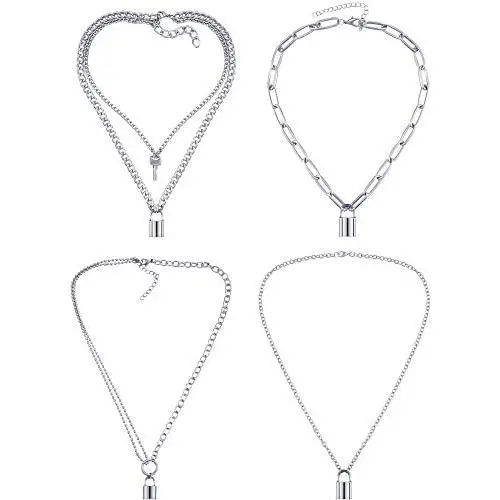 Zhanmai 4 Pieces Valentines Day Fashion Lock Pendant Necklace Punk Chain Choker Long Multilayer Chain Jewelry Zhanmai 4 Pieces Valentines Day Fashion Lock Pendant Necklace Punk Chain Choker Long Multilayer Chain Jewelry