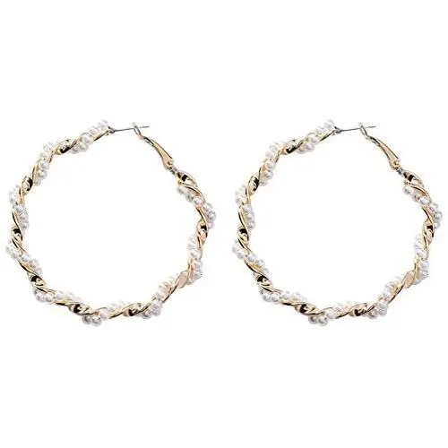 Pearl Beaded Hoop Earrings for Women Vintage Pearly Big Hoop Statement Ear Dangle Earrings with Stud Large Lightweight Pierced Nickle Free Pearl Beaded Hoop Earrings for Women Vintage Pearly Big Hoop Statement Ear Dangle Earrings with Stud Large Lightweight Pierced Nickle Free