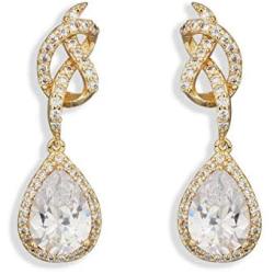 Womens Cubic Zirconia Bridal Earring - Elegant Gold Plated Teardrop Cluster Floral Leaf CZ Crystal Rhinestone Wedding Earring for Bride