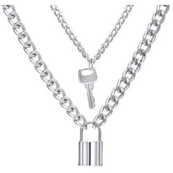 17IF Multilayer Necklace Punk Silver Long Chain Necklace, Lock Pendant Choker Titanium Steel Stainless Necklace for Women Man