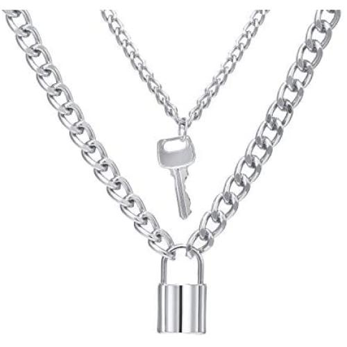 17IF Multilayer Necklace Punk Silver Long Chain Necklace, Lock Pendant Choker Titanium Steel Stainless Necklace for Women Man