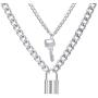 17IF Multilayer Necklace Punk Silver Long Chain Necklace, Lock Pendant Choker Titanium Steel Stainless Necklace for Women Man