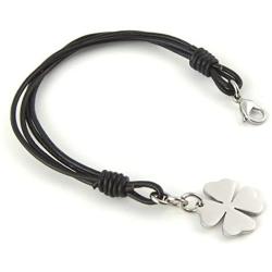 HZMAN Unisex Leather Stainless Steel Lucky Charm 4-Leaf Clover Irish Good Luck Bracelet, Braided Cuff Bangle