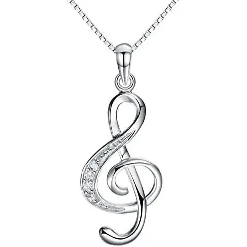 QXJX Music Note Pendant Necklace 925 Sterling Silver Cubic Zirconia Jewelry for Women Girl Box Chain 18''