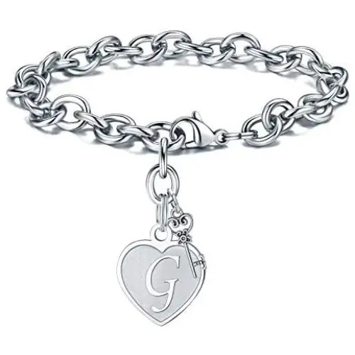 M MOOHAM Heart Initial Bracelets for Women Gifts - Engraved 26 Letters Initial Charms Bracelet Stainless Steel Bracelet Birthday Christmas Jewelry Gift for Women Teen Girls