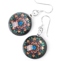 SUVANI Sterling Silver Hand Blown Murano Glass Multi-Colored Magic Mandala Flower Round Dangle Earrings