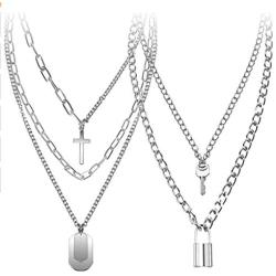 N/Q 2-4Pcs Punk Rock Layered Chunky Chain Lock Key Long Pendant Necklace for Women Men Egirl Eboy Multilayer 14K Silver Plated Gothic Hip Hop Statement Necklace Unisex Jewelry