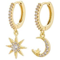 Moon And Star Charms Dangle Hoop Earrings for Women, Dangle Hoops for Teen Girls And Women, S925 14K Gold Plated with Cubic Zirconia Earrings
