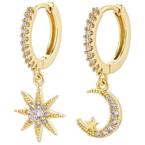Moon And Star Charms Dangle Hoop Earrings for Women, Dangle Hoops for Teen Girls And Women, S925 14K Gold Plated with Cubic Zirconia Earrings