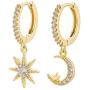 Moon And Star Charms Dangle Hoop Earrings for Women, Dangle Hoops for Teen Girls And Women, S925 14K Gold Plated with Cubic Zirconia Earrings