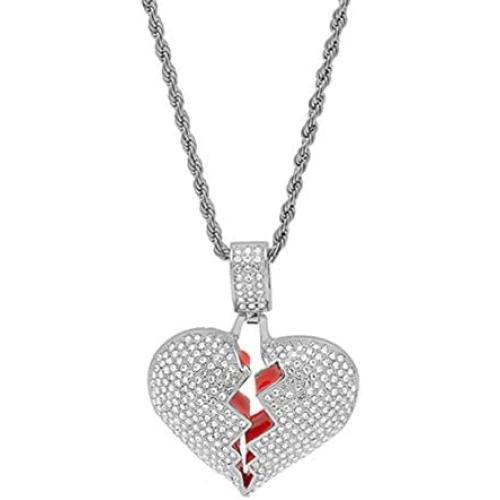 MOCA Broken Heart Chain Necklace & Pendant Iced Out Bling Zircon Hip hop Jewelry Silver