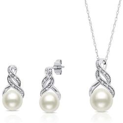 Sterling Silver Cultured Freshwater Pearl and Diamond Accent Pendant Necklace and Drop Earring Jewelry Set