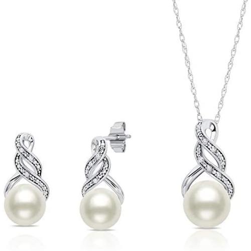 Sterling Silver Cultured Freshwater Pearl and Diamond Accent Pendant Necklace and Drop Earring Jewelry Set