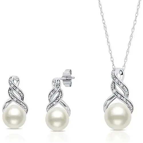 Sterling Silver Cultured Freshwater Pearl and Diamond Accent Pendant Necklace and Drop Earring Jewelry Set Sterling Silver Cultured Freshwater Pearl and Diamond Accent Pendant Necklace and Drop Earring Jewelry Set