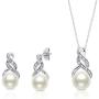 Sterling Silver Cultured Freshwater Pearl and Diamond Accent Pendant Necklace and Drop Earring Jewelry Set