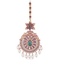 Tarinika Indian Traditional Antique Gold CZ stones Maang Tikkas with Peacock Design for women and Girl - White Red Green