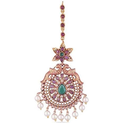 Tarinika Indian Traditional Antique Gold CZ stones Maang Tikkas with Peacock Design for women and Girl - White Red Green