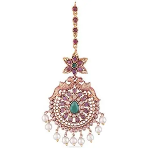 Tarinika Indian Traditional Antique Gold CZ stones Maang Tikkas with Peacock Design for women and Girl - White Red Green