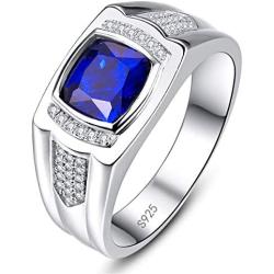 BONLAVIE Mens Engagement Ring 925 Sterling Silver Princess Cut Created Blue Sapphire Pave CZ Wedding Band Size 6-13