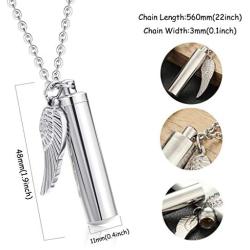 sailimue 2Pcs Cylinder Cremation Urn Necklace for Ashes Memorial Keepsake Pendant with Angel Wing Charm Necklace Stainless Steel Cremation Jewelry