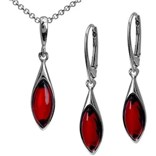 Sterling Silver Red Dark Amber Earrings Pendant Necklace Marquise Set 18 Inches Sterling Silver Red Dark Amber Earrings Pendant Necklace Marquise Set 18 Inches