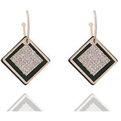 Grasiue: Dark Green Rhombus Graphite plate with white crystal Drop Earrings, Gold coating with Silver type, Design by French Designer. Christmas party, feast, dating, daily.
