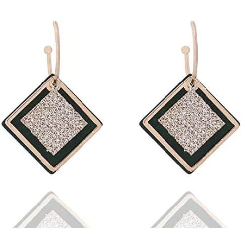 Grasiue: Dark Green Rhombus Graphite plate with white crystal Drop Earrings, Gold coating with Silver type, Design by French Designer. Christmas party, feast, dating, daily.