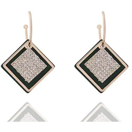 Grasiue: Dark Green Rhombus Graphite plate with white crystal Drop Earrings, Gold coating with Silver type, Design by French Designer. Christmas party, feast, dating, daily.