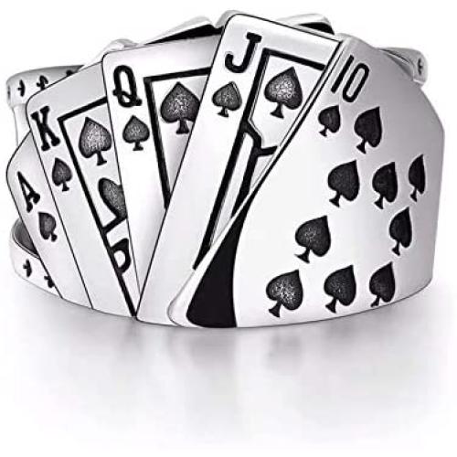 Punk Silver Plated Poker Ring Adjustable Ace of Spades Open Ring Gothic Hip Hop Playing Card Spades Poker Ring Jewelry for Women Men