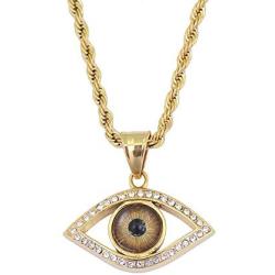 Moca Jewelry Hip-Hop Evil Eye Pendant Stainless Steel Chain Rhinestone Crystal Necklace for Men Women