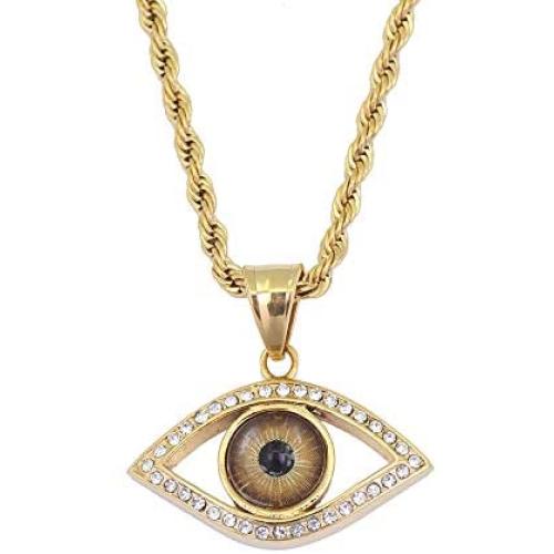 Moca Jewelry Hip-Hop Evil Eye Pendant Stainless Steel Chain Rhinestone Crystal Necklace for Men Women