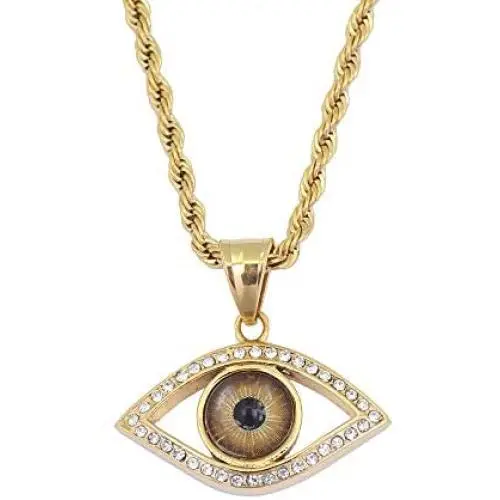 Moca Jewelry Hip-Hop Evil Eye Pendant Stainless Steel Chain Rhinestone Crystal Necklace for Men Women Moca Jewelry Hip-Hop Evil Eye Pendant Stainless Steel Chain Rhinestone Crystal Necklace for Men Women