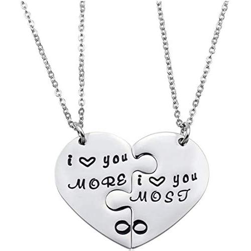 Couple Necklace Gifts - Valentines Day Gifts for Couple Boyfriend and Girlfriend, I Love You More Most Matching Heart Pendant Necklace for Him and Her, His and Her Gifts for Birthday