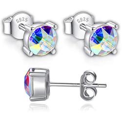 Swarovski Stud Earrings for Women - 925 Sterling Silver Crystal Earrings - Birthstone Earrings Studs for Girls - Aurore Boreale Crystal From Swarovski By GoSparkling Allergy-Free Passed SGS Inspection