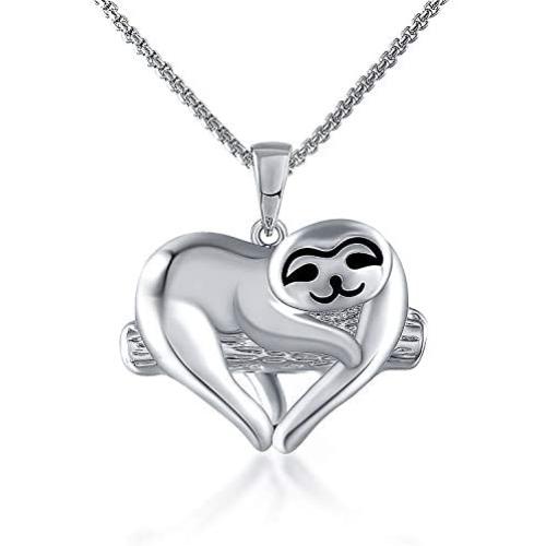Grecia White Gold Plated Sloth Necklace for Women Love Heart Shaped Pendant Gift for Her, Smile Sloth Jewelry for Girlfriend, Wife, Sister, Grandma, Mom