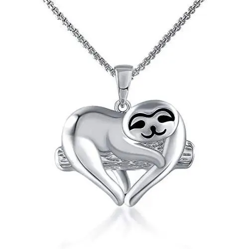 Grecia White Gold Plated Sloth Necklace for Women Love Heart Shaped Pendant Gift for Her, Smile Sloth Jewelry for Girlfriend, Wife, Sister, Grandma, Mom