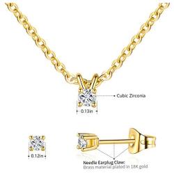 MDFUN Simple Necklace and Earring Jewelry Set for Women and Girls, 18K Gold Plated Halo Cubic Zirconia Round Cut Stud Earring and Pendant Choker